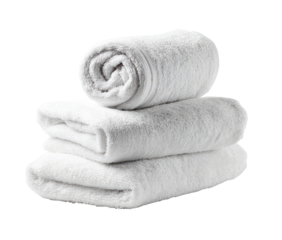 White towels stacked and rolled, soft, absorbent