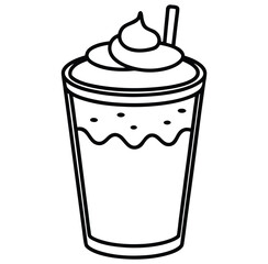 Outline illustration of a delicious, creamy beverage in a clear glass, topped with whipped cream and a straw, perfect for cafes, restaurants, and refreshment advertising