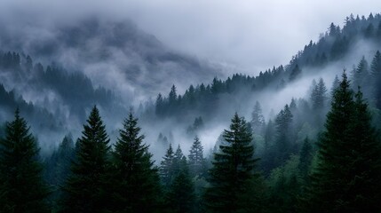A dense evergreen forest shrouded in mist on a mountain slope at dawn