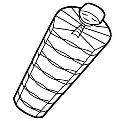 Black and white cartoon illustration of a sleeping bag with a person inside, ideal for camping, outdoor activities, or travel adventures