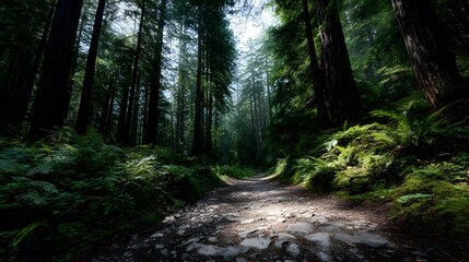 Obraz premium A sun d d forest path winds through a dense green woodland