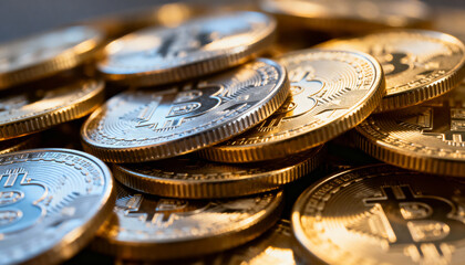 Close-up shot of a pile of gold and silver Bitcoin coins lying in a heap, beautifully illuminated by warm light, emphasizing their value and wealth.
