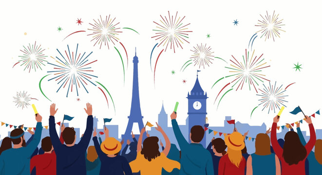 A crowd of people celebrating with fireworks over a European city skyline with famous landmarks.