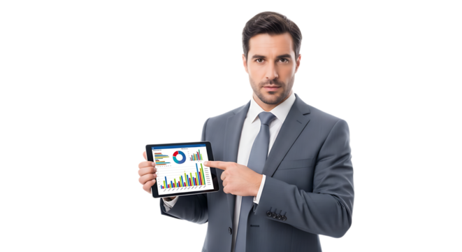 Businessman pointing at tablet with financial charts isolated on transparent background - Powered by Adobe