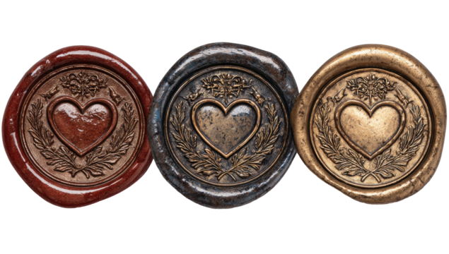 Three embossed wax seals, each featuring a heart within a laurel wreath