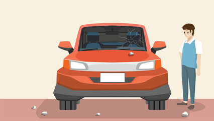 Concept Mirror front off car damage. Front window damaged by an accident. Throw a large rock against the glass. Driver of the car stood in a daze.