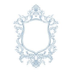 Wedding frame. Wedding crest in classic style. Vintage frame with floral ornament. Victorian frame for wedding invitation, card, emblem, cover, banner, save the date, monogram frame. Hand drawn design