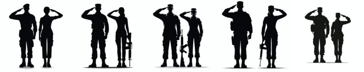 Naklejka premium silhouette of male and female soldiers standing in salute