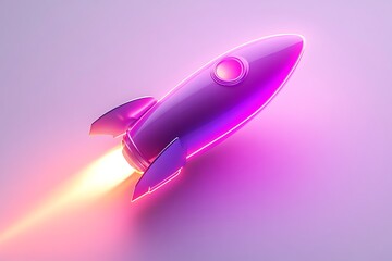 A shiny pink rocket ship launching upwards with bright yellow flames on a light purple background