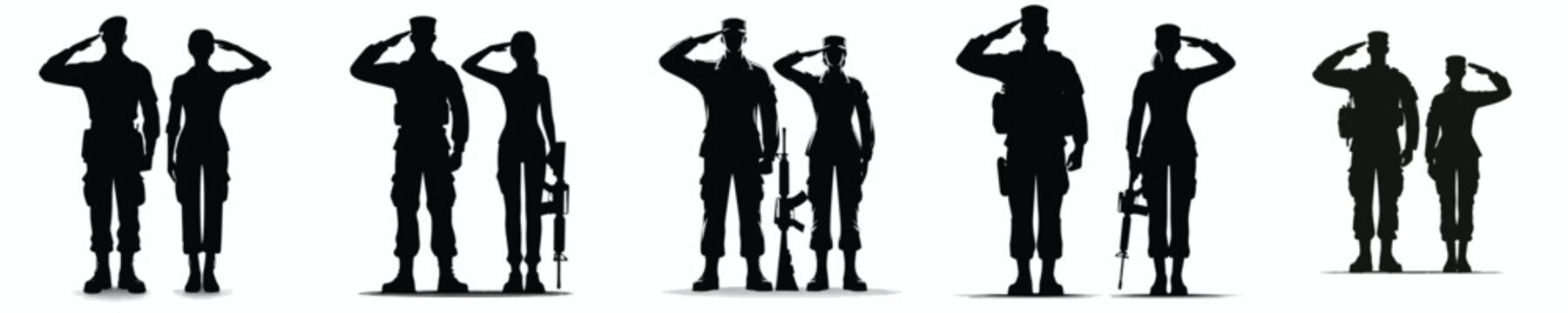 silhouette of male and female soldiers standing in salute