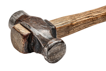 Close-up of a vintage, weathered blacksmith's hammer head and wooden handle