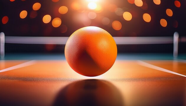 orange ping pong ball levitating with glowing bokeh lights in warm dark background