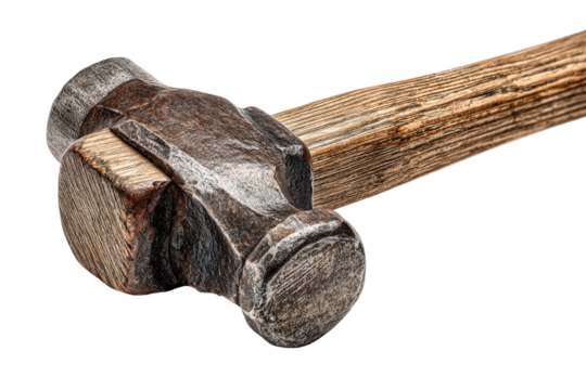 Close-up of a vintage, weathered blacksmith's hammer head and wooden handle