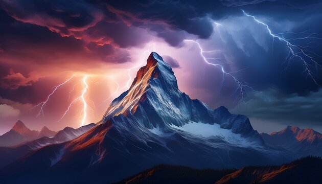 mountain top in a lightning storm landscape a mountain with a lightning bolt in the sky