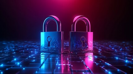 Two padlocks illuminated with neon lights on a reflective surface in a dark environment showing security