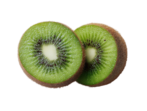 Two kiwi fruit halves, close-up.  Green flesh,  brown seeds.  Bright,  isolated