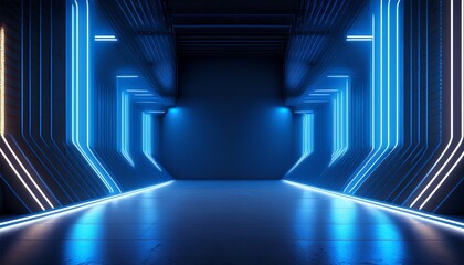 background neon 3d room light dark empty abstract stage floor neon wall 3d background space interior modern showroom blue warehouse future technology studio garage render hall tunnel concrete car led