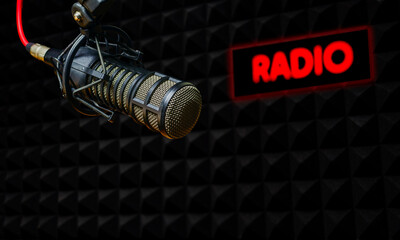 Microphone in radio studio and on air sign