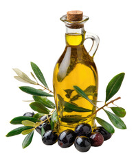 Clear glass bottle of golden olive oil, cork stopper, with fresh olive branches and dark olives