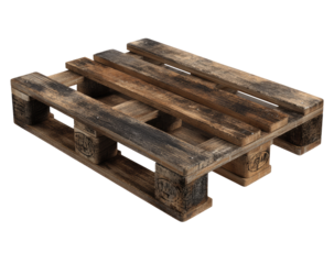 Worn wooden pallet, top view.  Dark, aged wood planks form a rectangular platform.  Supports and gaps are clearly visible.  A used and slightly uneven pallet, likely for shipping or storage
