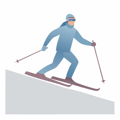 Female Skier in Blue Outfit Skiing Down a Snowy Slope with Poles and Goggles on White Background Winter Sport Activity Illustration