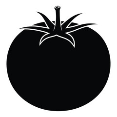 Simple black silhouette of a ripe tomato with stem and green leaves isolated food icon