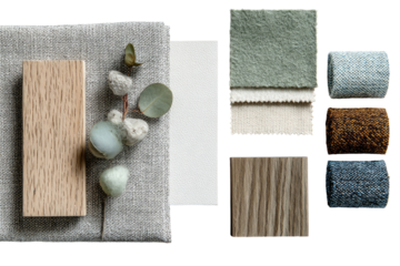 Sample swatches of natural materials.  Various wood tones, textiles, and greenery arranged for a design project, showcasing different shades of beige, gray, green, and brown