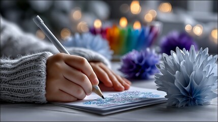 Child's hands drawing colorful snowflakes on a holiday card, creating handmade winter crafts with a pencil in a cozy home setting, celebrating season's greetings with creativity