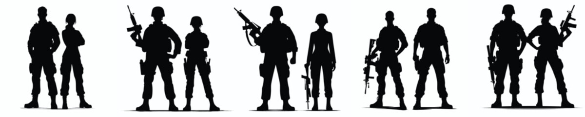 silhouette male and female army soldiers standing 