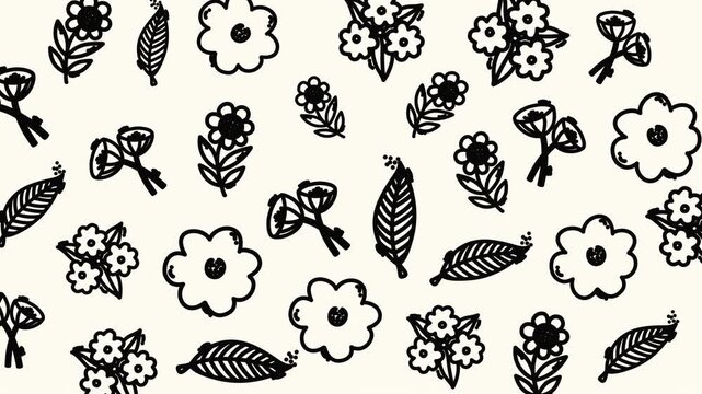 Seamless Hand-Drawn Floral Pattern with Leaves and Flowers in Black and White, Graphic Design, Vector Illustration