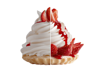 Whipped cream dessert topped with strawberries and drizzled with syrup, halved