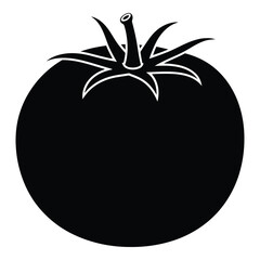 Simple black silhouette of a fresh ripe tomato with green stem and leaves for healthy food design