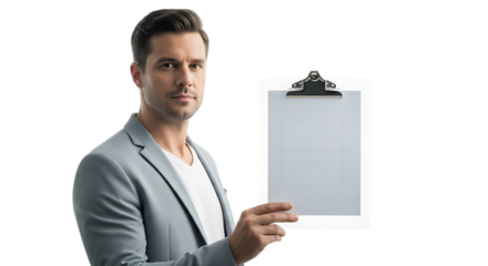 Man holding a clipboard isolated on transparent background