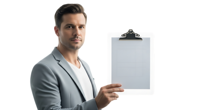 Man holding a clipboard isolated on transparent background