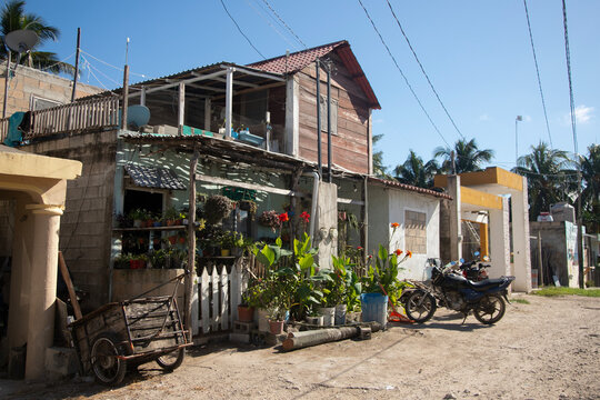 Restaurants, hotels, and businesses for tourists in the fishing village of El Cuyo on the Yucatan Peninsula.