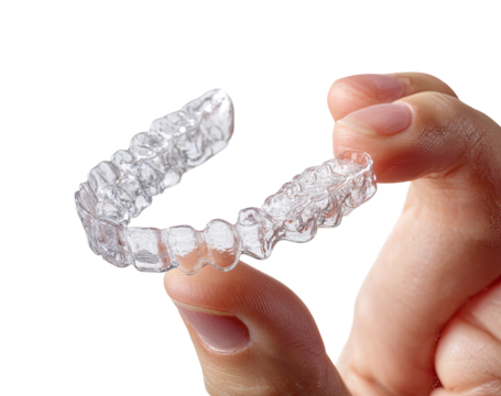 Clear plastic dental aligner held by fingers