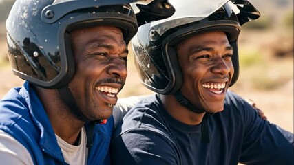 Happy father and son laughing together outdoors. Men wearing motorcycle helmets share a joyful moment during an adventure. Family bonding and quality time concept