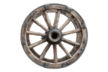 Close-up of a weathered wooden wagon wheel.  Circular, aged, rustic wooden spokes radiate from a dark hub.  Detailed rim