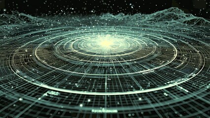 Digital data flowing through abstract technology network, creating a glowing circular energy pattern and intricate futuristic connections in cyberspace