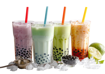 Four colorful bubble tea drinks in tall glasses,  with ice and boba