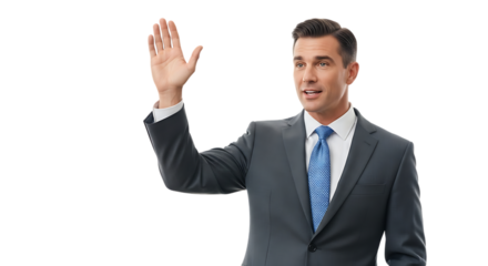 Man in suit waving hello, isolated on transparent background