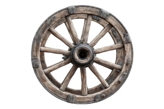 Close-up of a weathered wooden wagon wheel.  Circular, aged, rustic wooden spokes radiate from a dark hub.  Detailed rim