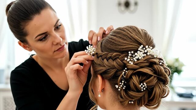 Hairstylist creating an elegant wedding updo for a bride. Close-up of finishing touches with pearl hair accessories. Beauty salon and bridal preparation service