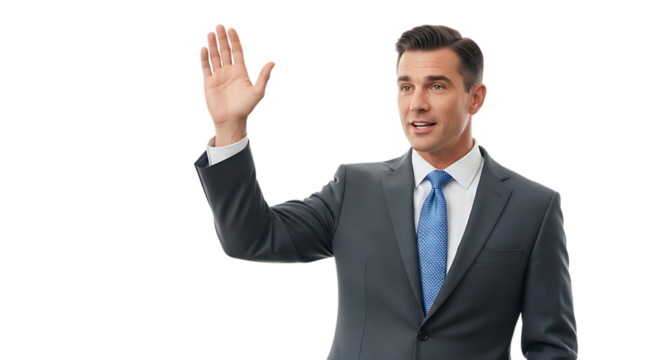 Man in suit waving hello, isolated on transparent background