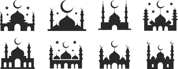 Islamic mosque silhouette set with crescent moons and stars, diverse architecture styles, religious building icons, cultural design elements, flat vector