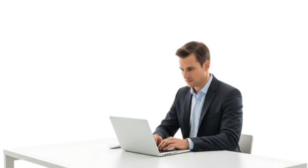 Man in suit working on laptop isolated on transparent background
