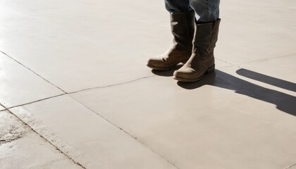 Person wearing rugged brown boots standing on concrete ground with distinct shadows