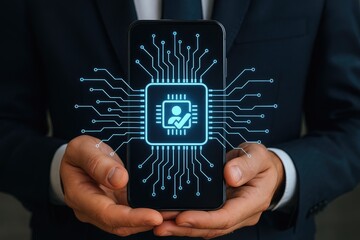 Abstract digital chip circuitry displayed on a mobile phone held by a person
