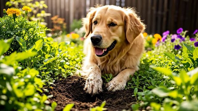 A happy golden retriever dog with muddy paws digging a hole in a garden. Cute and playful pet enjoying a sunny day outdoors. Naughty animal behavior concept