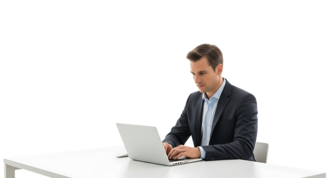Man in suit working on laptop isolated on transparent background